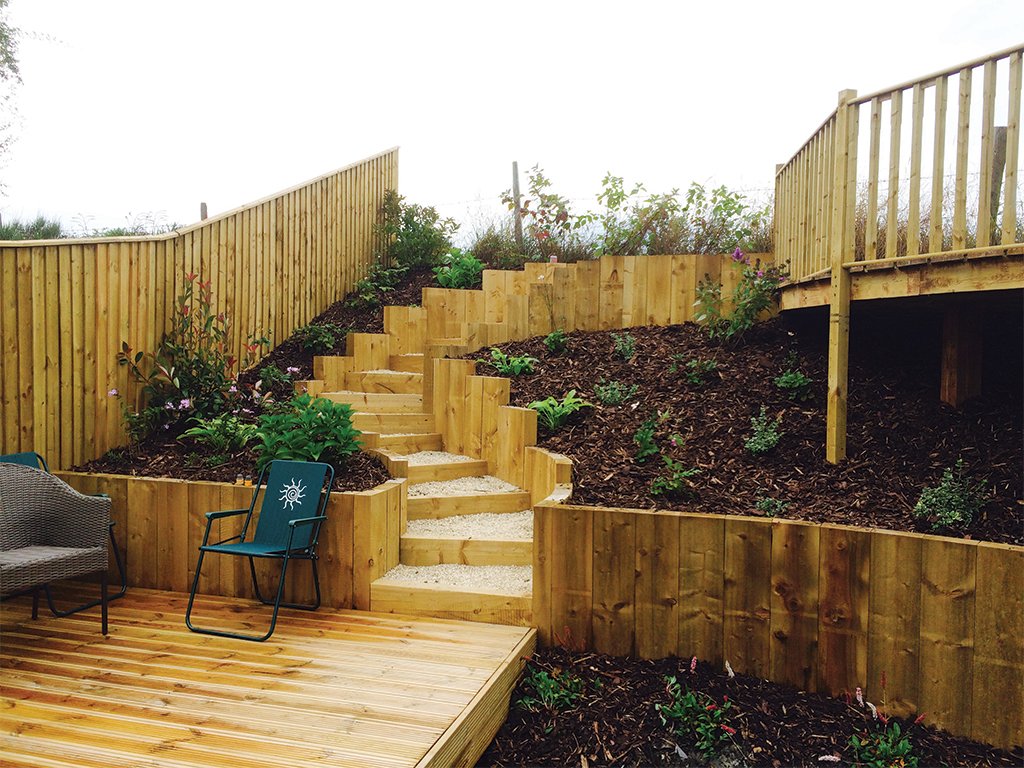 Multi-level timber garden terracing featuring wooden steps, raised retaining walls, and lower decking patio