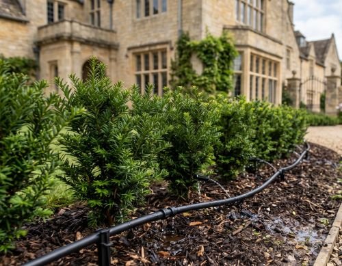 Irrigation system feeding a line of small yew trees outside large home in Warwickshire